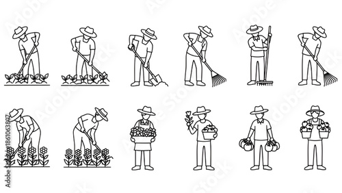 Farmer Working in Field with Various Tools Isolated on White