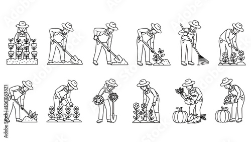 Farmer Gardening Activities Line Art Illustrations