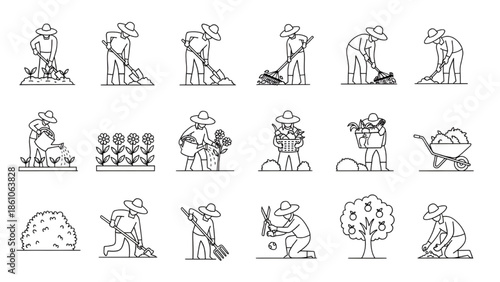 Farmer Gardening and Planting Trees Outdoors in Simple Line Art Style