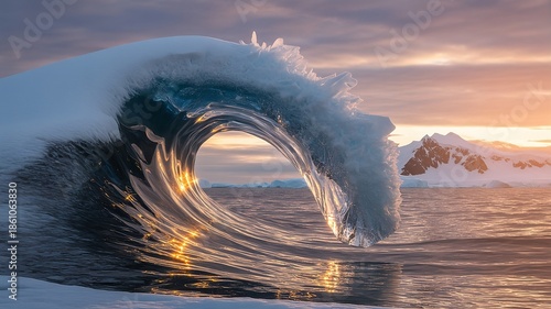 Frozen Sapphire Ice Wave Sculpture in Antarctica at Sunrise with Golden Light Refraction and Prism Effects on Translucent Glacial Surface