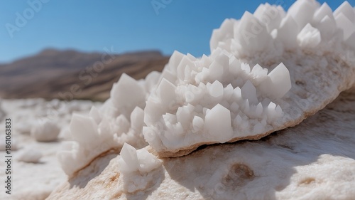 Pure White Halite Salt Crystals Growing on Dead Sea Rocks, Geometric Mineral Formations with Natural Cubic Structure and Desert Landscape Background