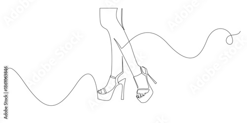 Hand drawn line illustration of a woman’s legs wearing high heel shoes, drawn in a continuous single line style for fashion, elegance, and style concepts.