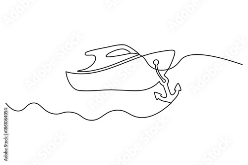 Minimalist single line drawing of a speeding motorboat with an anchor, modern nautical illustration for summer leisure and marine activities.