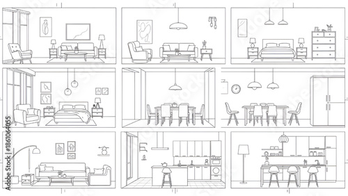 Modern Home Interior Design Line Art Illustration