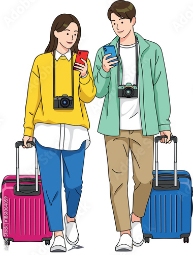Young couple traveling with suitcases and cameras, modern tourists using smartphones during vacation journey isolated on white background illustration