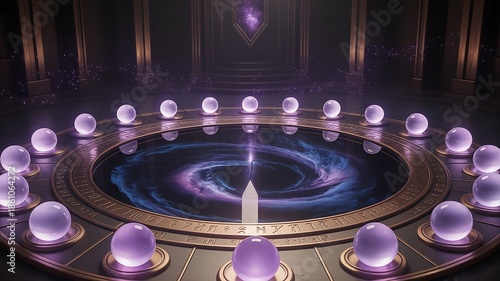 Mystical Fantasy Altar with Glowing Purple Crystal Orbs, Ancient Rune Circle, and Cosmic Nebula Portal in a Dark Temple Sanctuary