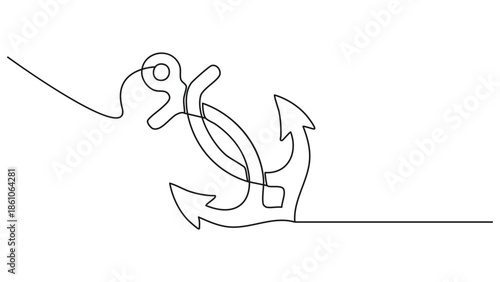 Nautical anchor with a twisted rope in single line art style, clean and modern maritime symbol for marine industries and sailing clubs.