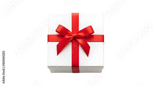 Top view of white gift box present wrapped with red ribbon and bow for celebration isolated PNG with Transparent Background