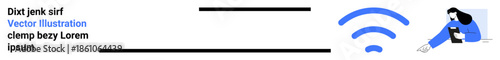 Internet access, communication, technology use, mobile devices, online services, digital interactions. wireless signal icon next to a woman holding a smartphone. Internet access and communication