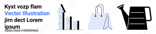 Business growth, online shopping, sustainability, gardening, retail trends, eco-friendly practices. Minimalist bar chart, shopping bag and watering can icons. Business growth and online shopping