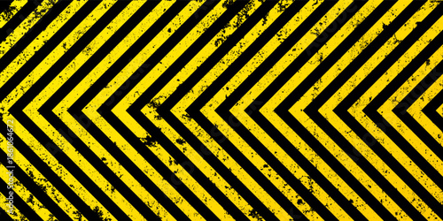 Warning sign with yellow and black diagonal lines. Attention, danger or caution symbol. Construction site signage, road safety notice, hazard banner, security alert shield. Vector illustration