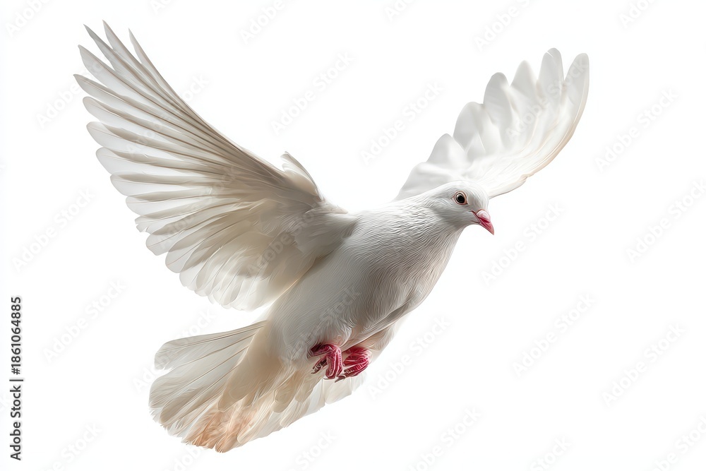 Obraz premium Serene white dove taking flight with gentle lighting on a pure background