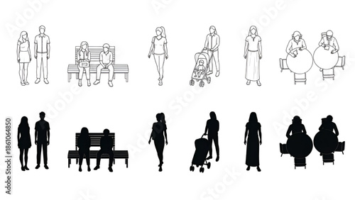 Silhouette People Standing Sitting Walking Isolated on White Background