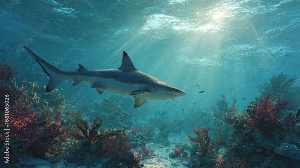 Obraz premium Shark gliding through clear blue water under sunbeams in a serene ocean scene