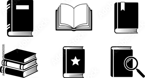 Set of six minimalist book icons in various styles
