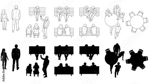 People Silhouettes in Various Business and Global Communication Scenes Isolated on White Background