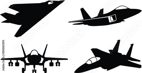 Modern military fighter jet silhouettes set isolated on white background, multiple angles of stealth aircraft, combat aviation illustration vector design