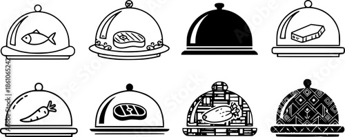 Variety of food cloche icons in different artistic styles
