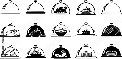 Variety of food cloche icons in different artistic styles
