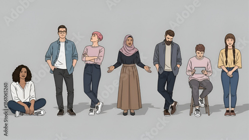 Diverse Group of People Standing and Sitting Isolated on Grey Background