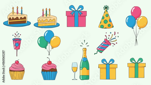 Birthday Party Celebration Elements Collection Vector Illustration.