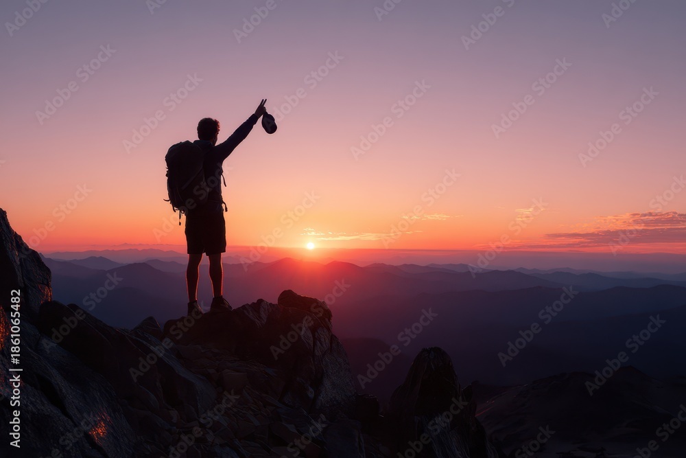 Fototapeta premium Silhouette Hiker at Sunset on a Mountain Summit with Cap Raised