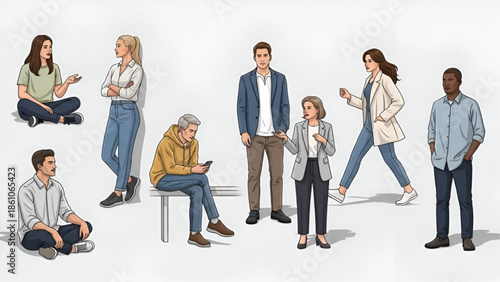 Diverse People Using Mobile Devices and Laptops in Various Poses Isolated on White Background