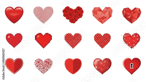 Collection of different red heart shapes isolated on white background isolated on transparent background
