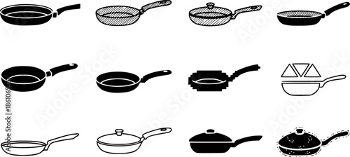 Pan icons set: silhouette, sketch, pixel art, and more for kitchen designs
