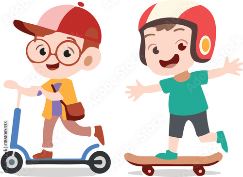 Cartoon Little Boys Riding Blue Kick Scooter and Skateboard for Outdoor Play Active Childhood Fun Summer Sports and Transportation Vector