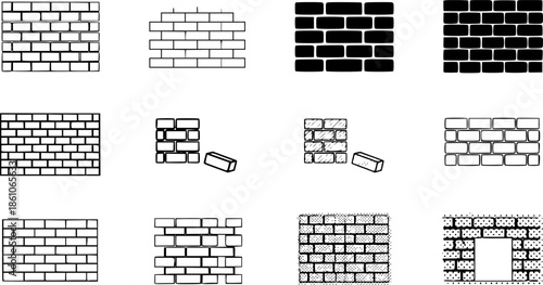Simple brick wall icons collection in different design styles
