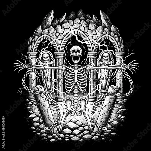 Skeleton emerging from a tomb with chains and coffins.