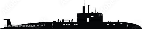 Modern military submarine silhouette isolated on white background, detailed underwater naval vessel, maritime defense technology illustration vector ocean warfare concept