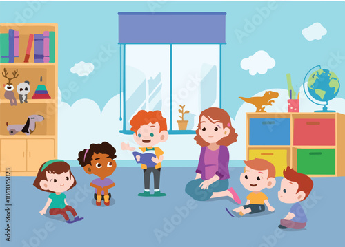 Cartoon Teacher and Diverse Group of Preschool Children Sitting on Floor for Storytime in Kindergarten Classroom Education and Learning Vector
