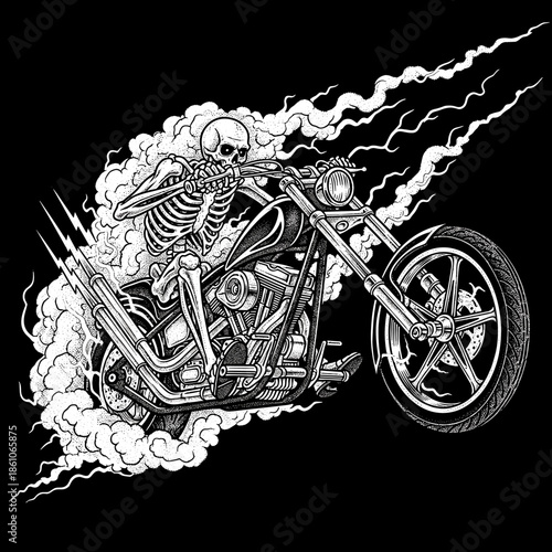 Skeleton Rider on a Chopper Motorcycle with Smoke and Lightning.