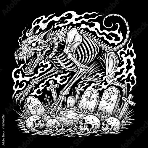 Spooky Skeleton Dog Emerging From Graveyard With Skulls.