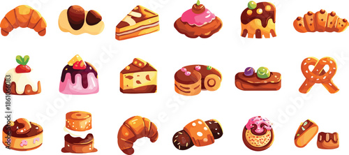 Colorful Cartoon Vector Set of Gourmet Pastries Including Glazed Cakes Fruit Tarts Chocolate Desserts Sweet Croissants and Pretzels on White Background