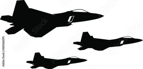 Modern stealth fighter jet silhouettes flying in formation, isolated on white background, advanced military aircraft, combat aviation defense illustration vector