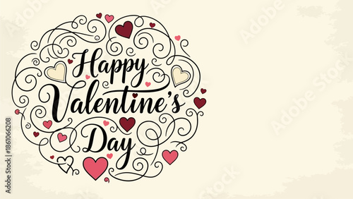 Elegant Happy Valentine's Day Greeting Card Design with Ornate Flourishes, Swirling Lines, and Decorative Hearts, Perfect for Romantic Celebrations and Love Messages