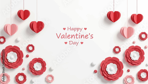 Charming festive Valentine's Day scene featuring elegant 3D paper cut hearts and flowers in various shades of red and pink on a soft white canvas