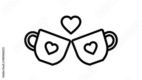 Charming black and white line art icon of two mugs clinking, adorned with hearts, symbolizing love, friendship, and togetherness