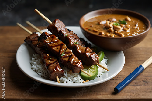 Grilled beef satay with glossy peanut sauce