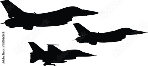 Three military fighter jet silhouettes flying in formation isolated on white background, modern combat aircraft, defense aviation concept illustration minimal