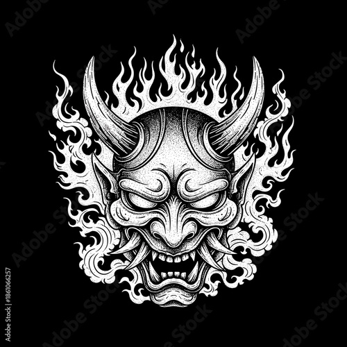 Japanese Oni Mask with Fiery Aura Illustration.