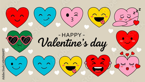 Adorable Cartoon Hearts with Funny Faces and Playful Expressions, a Whimsical Collection for Valentine's Day, Love, and Romance