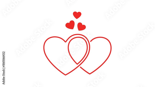 Vector graphic of two intertwined red heart outlines, symbolizing enduring love, deep romantic connection, and unity, complemented by delicate floating smaller hearts