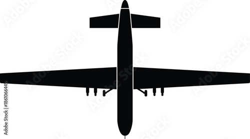Top view military aircraft silhouette isolated on white background, unmanned aerial drone plane, surveillance aviation defense illustration vector modern technology