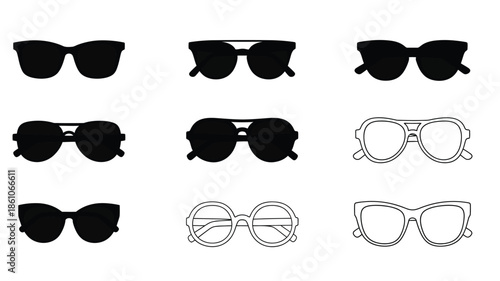 Collection of various sunglasses styles displayed in a simple graphic arrangement