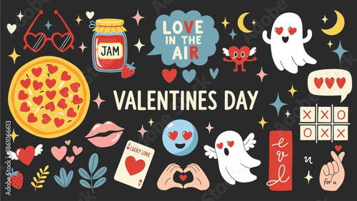 Charming vector collection of romantic elements for expressing love and affection. Ideal for heartfelt designs, featuring cute hearts and whimsical art