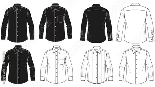 Technical illustration of men s long sleeved shirts in various views and colors